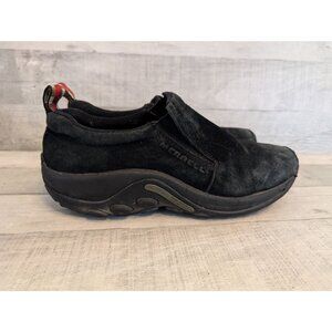 Merrell Jungle Moc Black Suede Slip-On Shoes  Tartan Heel Pull Tabs Mens Size 9.